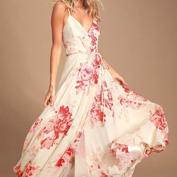 Lulu's Elegantly Inclined Cream and Coral Floral Print Wrap Maxi Dress MED NEW - Picture 1 of 8